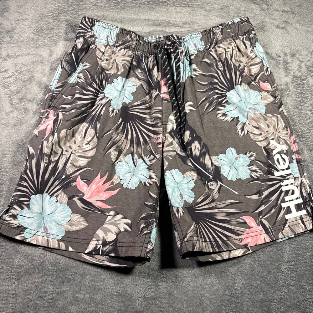 Hurley Mens Tropical Floral Board Shorts Gray Blue Pink Medium Swim Trunks